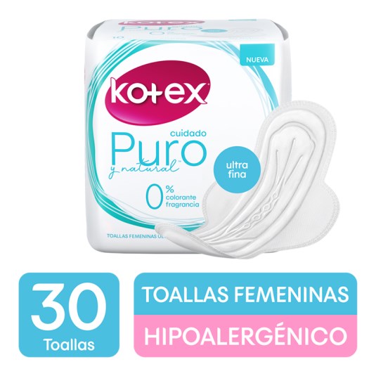 Toallas Cuidado Puro Ultrafinas Kotex X30 Un.