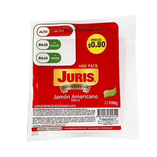 Jamón Americano Mini Pack Linea Diaria Tipo Ii Juris 100 Gr.
