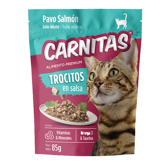 Trocitos en Salsa Pavo Salmon Para Gato Carnitas 85GR
