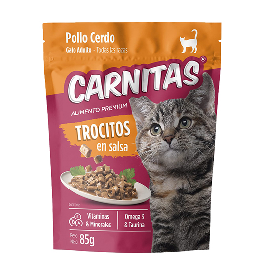 Trocitos en Salsa Pollo Cerdo Para Gato Carnitas 85GR