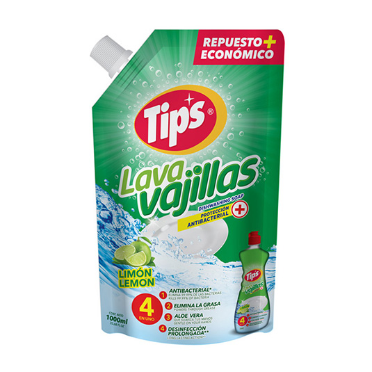 Lavavajilla Tips Antibacterial Limon Doypack 1000 Ml.