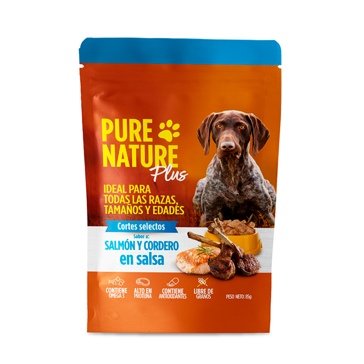 Comida Plus Para Perros Salmón y Cordero En Salsa Pure Natur