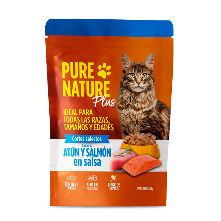 Comida Plus Para Gatos Sabor Atún y Salmón en Salsa Pure Nat Comida Plus Para Gatos Sabor Atún y Salmón en Salsa Pure Nat